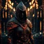 Placeholder: hooded marble knight covered with glowing crystals, fire particles in air, bright colors, glowing sparkle particles, dark tone, sharp focus, high contrast, 8k, incredible depth, depth of field, dramatic lighting, beautifully intricate details, clean environment, epic dynamic scene