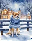 Placeholder: A charming watercolor painting of a Chihuahua sitting on a park bench, nestled amidst a winter wonderland. The adorable pet dons a cozy scarf and a cute beanie hat with ear flaps, creating a whimsical appearance. Snowflakes gently fall, blanketing the scene in a soft white layer, while the distant trees and buildings are outlined in a crisp winter blue. The overall atmosphere of the painting is warm and inviting, capturing the essence of a cozy winter day.