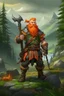 Placeholder: Realistisches Bild von einem DnD Charakters. Männlichen Zwerg mit orangenem Haaren. Er ist Waldläufer und hat eine Axt bei sich. Sein Haustier ist ein Eber. Er steht im Wald mit Bergen im Hintergrund.