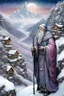 Placeholder: 3D embossed textured ethereal image; bleak, dismal style, winter hues, white, ice-blue, purple, peach, pink, silver, grey; hermit with a highly detailed, wizened old face and an ornate staff stands on a steep, snowy cliff gazing across a cold valley at a faraway village; stained glass, agate with silver foil highlights, snowflakes, sparkles, full moon, nebula sky, pearls, skulls, sequins, cut gemstones, beads, glitter, bats, sharp, smooth, extreme attention to detail