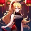 Placeholder: Clear focus, 8k, beautiful lighting, vibrant colors, girl, golden hair, long hair, vibrant red eyes, ponytail, messy hair, black stockings, chinese clothes,