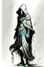 Placeholder: Hooded figure black and white ttrpg sketch art full body