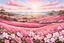 Placeholder: A realistic panorama of a landscape, a vast expanse of sweet pink and white azaleas and flowers. The fields create a mesmerizing sea of colors, with the azaleas in full bloom and their petals scattered like confetti on the ground. The serene countryside is visible in the background, with a few scattered trees and a distant hill. Rays of the sun. Very detailed, high contrast, 8k, high definition, concept art