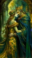 Placeholder: Side profile of an ancient King with her aspirations behind her standing . Holding her man hugging with love and romance,Opulent Van Gohn style painting, Busch painting style nightmare