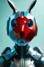 Placeholder: Portrait Sweet Rabbit ceramic mask, cyan, red suit, cyberpunk, photo studio, black background, unreal engine 5, concept art, ray tracing, lumen lighting, ultra detail, volumetric lighting, 3d.