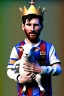 Placeholder: messi as king with wearing crown and king stuffs and clothes and holding a little white goat on his hand ,hyperrealistic,8k,detailed,rendered