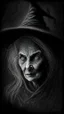 Placeholder: pencil drawing of old witch, Spooky, scary, halloween, black paper