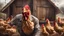 Placeholder: Hyper Realistic a chicken is attacking on a handsome farmer from its peak inside a chicken coop with scared expressions on farmer's face few haystacks behind & feathers whirling showing dramatic & cinematic ambiance