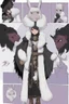 Placeholder: A dnd character sheet. A woman dressed for the cold north, with black hair and lilac eyes. She is dressed in white and black furs.