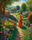 Placeholder: A winding path in a beautiful garden, embellished with colorful flowers and neatly trimmed hedges. A woman in a flowing dress walks gracefully along the path, her arms outstretched, as if embracing the beauty and harmony of nature