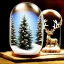 Placeholder: a 16k hyperrealistic snow globe sitting on an oak wooden desk, inside the snow globe there are snowy mountains to the back left and snowy pine trees surround a reindeer with large antlers while snow falls inside