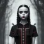 Placeholder: wednesday addams, wednesday addams hair, wednesday addams, make up, wednesday black dress, cinematic, hyper detail, 8k resulation