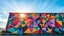 Placeholder: A colorful geometric mural on an industrial building facade, detailed with various shapes and colors, with a radiant blue sky illuminated by the afternoon sun.