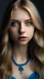 Placeholder: bleu dress , Age 24, girl, white Complexion, brown eyes, almond eyes shape, long hair, blonde silky hair, square face, button nose,bleu evil eye necklace