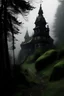 Placeholder: Scary black ¨monastery surrounded by a thick forest and fog