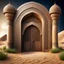 Placeholder: Hyper Realistic Photographic-Center-View of Detailed-Crafted-Islamic-Architectural-Arche-&-Door with stars & a-half-moon with grass-patches-whirling-on-sand-land showing dramatic & cinematic ambiance.