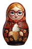 Placeholder: draw a Russian matryoshka doll in the style of Khokhloma, the matryoshka is smiling, the matryoshka has a icecream in her hands, a frontal angle, a picture on a white background, the matryoshka is drawn entirely, a highly detailed 3d picture