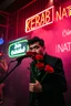 Placeholder: An spanish Guy with big eyes "Enrique" performing at dance club, his name is "Enrique" Red roses On stage, red Neon lights and smog, and "Din KEBAB I NATT" big sign on the wall, serenade under balcony, ZORRO vibes