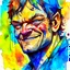 Placeholder: dnd, fantasy, watercolour, large strokes, stylistic, portrait, illustration, dull colours, male, face, sturdy wide face, weathered face, sly, violent, evil, smiling
