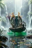 Placeholder: action figure of a glossed an transparent chained and crucified alien necrophyte electric eel necromancer on round swamp transparent glass obcidian boat beholder eye wheel throne in a charged foggy jungle starry waterfall, blur background to make character pop out