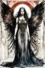 Placeholder: create a deeply evocative, ethereal, and darkly magical full body ink wash and watercolor illustration of an epic fantasy raven crone with highly detailed and deeply cut facial features, large outstretched wings, body covered in feathers, in the style of EDWARD BURNE-JONES, WILLIAM MORRIS, and KATHE KOLLWITZ combined with the comic art style of BILL SIENKIEWICZ and JEAN GIRAUD MOEBIUS, searing lines and forceful strokes, precisely drawn, inked, and richly colored