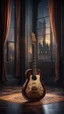 Placeholder: Hyper Realistic extremely-fancy-guitar standing on a floor of a fancy castle lounge with beautiful windows & velvet-curtains-with-musical-notes-printed-on-curtain at dark night with dramatic-&-cinematic-ambiance