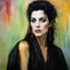 Placeholder: head to waist portrait, Paul Stanley/Ray Stevenson/Elvis Presley/Thomas Jane/Dolph Lundgren/Jon Bernthal/Jeffery Dean Morgan as a beautiful black-haired female vampire Queen, dark, multicolored watercolor stained wall in the background, oil painting in the art style of Gilbert Stuart, 32k UHD, Hyper realistic, photorealistic, realistic, sharp, highly detailed, professional quality, beautiful, awesome, majestic, superb, trending on artstation