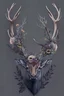 Placeholder: Drawing of stag head with horns made of flowers, muted colors, flowers and insects, minimalistic, realistic, dark background