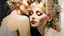Placeholder: Blonde Pale Very Thin Scandinavian Woman 30yo, Big Eyes, Long Eyelashes And Eye Shadow, on steve Roger's lap kissing :: by Robert McGinnis + Jeremy Mann + Carne Griffiths + Leonid Afremov, black canvas, clear outlining, detailed