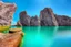 Placeholder: Sunny day, Big epic rock cliff, lagoon, photography, ultra hd 4k, hyperrealism