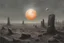 Placeholder: Grey sky with one exoplanet in the horizon, rocks, sci-fi, 2000's sci-fi movies influence, rodolphe wytsman and friedrich eckenfelder impressionism paintings