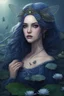 Placeholder: Dark blue hair, Water lilies long hair lotus night Fairy princess rapunzel hair queen crown dragonflies fireflies elven tiara flowers fairy wings gothic dark blue