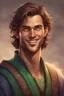 Placeholder: handsome thirty-year-old sorcerer, with tanned skin, brown hair and green eyes, with a kind smile