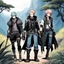 Placeholder: funky manga art of fashion, punkrock, future illustration: RPG group of Adventurers in the wild