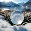 Placeholder: Frozen bubble in front of a snowy mountain landscape, the bubble has wonderful icecrystals and the sun is shining, frozen, cold outside, beautiful small ice flowers in front of the bubble