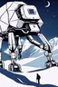 Placeholder: a minimalist silhouette of a sleek mechanical walker with eight legs scaling a very steep snow covered side of mout everest at night, it has a smooth surface, it has storage pods on its belly and humans can fit in the pods