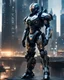 Placeholder: Create an image of a Cyberpunk Robot in a highly detailed and advanced armored suit, similar to the one shown but with even more intricate designs and cool features. The armor should have a sleek, futuristic look with glowing elements and enhanced gadgets visible on the suit. The setting is at dusk in an urban environment, with the character standing on a high-rise building overlooking a cityscape that reflects the advanced technology of the world they are protecting.