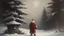 Placeholder: Snowy outdoor scene, santa standing with back visible, mysterious, mostly white except red on santa