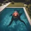 Placeholder: NOGI SAN style: Realistic top down view of large scary unknown monster swimming in backyard pool, thrilling, immersive lighting, high quality