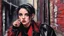 Placeholder: acrylic illustration, acrylic paint, oily sketch, Rebellious breton teen smoking in an alley, 1990s goth aesthetic, adolescent school girl, very short black dyed hair, sweatband, freckles, garnet red eyes, heavy black eyeliner, very strong, athletic, lean physique, wearing a red leather jacket, tight black shirt, piercings, spiky choker, fishnet gloves, short skirt