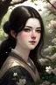 Placeholder: Beautiful Girl in the garden, 18 century, brunette, literally dark hair, dark eyes, fat, smell of sakura, rest, detailed face, england