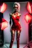 Placeholder: 12k ultra-high-definition rendering of a zombie model in a photo studio ,The zombie, adorned in a red ripped tight dress, ripped sideways from top to bottom, long slit, shoes are fashionable platforms, big gun on side thigh, exudes a sinister aura under the studio's dark and mysterious lighting