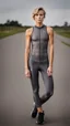 Placeholder: photography of a beautiful anorexic woman, grey satin triathlon top, sports illustrated, blond short wavy bob haircut, pronounced sternum, flat chest, anthracite cycling leggins