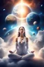 Placeholder: Beautiful meditating Woman connected with planets in the stunning lighting space and spirit in clouds and heaven behind her a big earth background