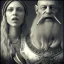 Placeholder: old viking with his wife, scary, steam punk, realistic, made in octane, cinematic, ultra-realistic, extremely detailed octane rendering, 8K, VRAY Super Real ar 2:3, dof photorealistic futuristic 50mm lens hard lighting dark gray tintype photograph, realistic lighting, sepia color