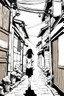 Placeholder: young girl walk thought Japanese alleys, line arts, manga style