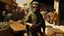 Placeholder: takistan life, oil painting. dr arab cover 1970, far perspective dnd style. sunglasses. marketplace dark business, with ak 47 shooting food.