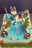 Placeholder: Birthday cake topped with a pool table, apricot tree and a husky dog