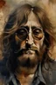 Placeholder: an expressive painting of long hair and beard John Lennon with dark glasses, we might see a companion with features of absolute strength and determination, blended with warmth and deep faith. Perhaps his face expresses wisdom and courage, with eyes radiating confidence and faith.