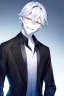 Placeholder: plauge doctor in balck leather coat and suit with silver hair, pale skin and bright green eyes smiling with sharp teeth, nice young face, male, viscious smile, face close look